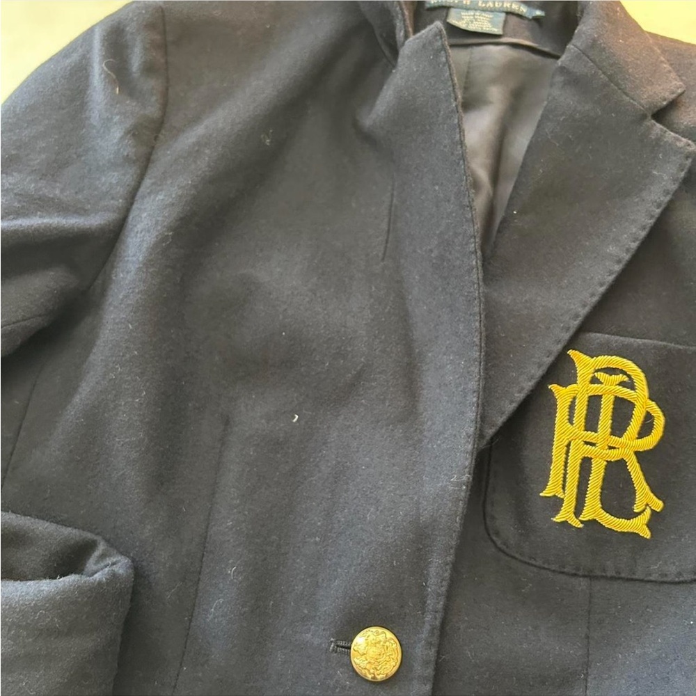 Navy blue Ralph Lauren blazer wool cashmere with gold embroidered monogram. - Picture 8 of 8
